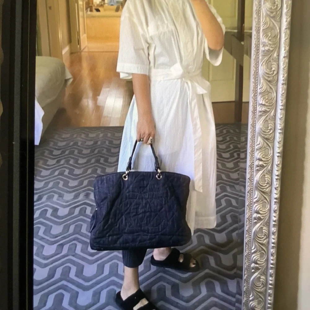 - Chanel black quilted denim timeless cc tote bag